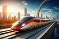 High-speed train on the modern city background. 3d rendering, High Speed train on the road to the modern city, AI Generated