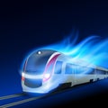 High-speed train in motion blue flame at night.