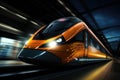 High speed train in motion on the railway station. Fast moving modern passenger train on railway platform. Royalty Free Stock Photo