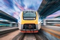 High speed train in motion on the railway station. Front view. Royalty Free Stock Photo