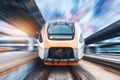 High speed train in motion on the railway station. Front view. Royalty Free Stock Photo