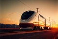 High speed train in motion at the railway station at sunset in Europe. Modern intercity train on the railway platform