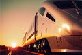 High speed train in motion at the railway station at sunset in Europe. Modern intercity train on the railway platform