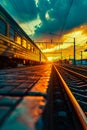 High speed train in motion on the railway station at sunset. Fast moving modern passenger train on railway platform. Railroad with Royalty Free Stock Photo