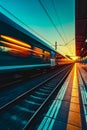 High speed train in motion on the railway station at sunset. Fast moving modern passenger train on railway platform. Railroad with Royalty Free Stock Photo