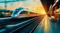 High speed train in motion on the railway station at sunset. Fast moving modern passenger train on railway platform. Railroad with Royalty Free Stock Photo