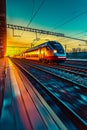 High speed train in motion on the railway station at sunset. Fast moving modern passenger train on railway platform. Railroad with Royalty Free Stock Photo