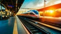 High speed train in motion on the railway station at sunset. Fast moving modern passenger train on railway platform. Railroad with Royalty Free Stock Photo