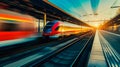 High speed train in motion on the railway station at sunset. Fast moving modern passenger train on railway platform. Railroad with Royalty Free Stock Photo
