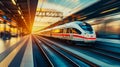 High speed train in motion on the railway station at sunset. Fast moving modern passenger train on railway platform. Railroad with Royalty Free Stock Photo