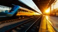 High speed train in motion on the railway station at sunset. Fast moving modern passenger train on railway platform. Railroad with Royalty Free Stock Photo