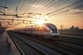 High speed train in motion on the railway station at sunset Royalty Free Stock Photo