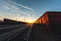 Train moves by rail, delivery of goods by freight train. Train carriages at the station