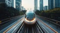 High-speed train network interface, visualizing the seamless integration of maglev technology across an urban landscape
