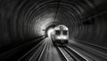 High speed train races through dark subway tunnel, vanishing into distance generated by AI