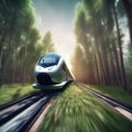 A high-speed train racing through a futuristic forest, dynamic angles, cinematic Royalty Free Stock Photo
