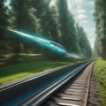 A high-speed train racing through a futuristic forest, dynamic angles, cinematic Royalty Free Stock Photo
