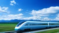 A high-speed train racing through picturesque countryside, its sleek design cutting through the landscape