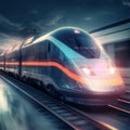 High-speed train at high speed on the railroad. Generative Ai