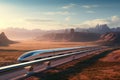 High-speed train on the road in the mountains. 3d render, A hyperloop train speeding through a vast landscape, AI Generated