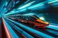 A high speed train rushes through a dark tunnel, showcasing its speed and power, An abstract train speeding on futuristic tracks,