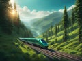 High-speed train rushing among green mountains with evergreen fir trees on a sunny day. Eco-friendly fast transportation amidst