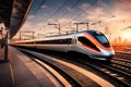 A high-speed train rushing through a modern city at sunset, with the cityscape blurred in the background