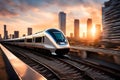 A high-speed train rushing through a modern city at sunset, with the cityscape blurred in the background