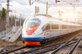 High-speed train Sapsan in motion. Train Moscow-St. Petersburg. Carriage of passengers. Peregrine Russia, Leningrad Region, Lyuban