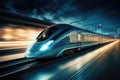 A high-speed train speeds through a bustling city at night, creating streaks of light and energy, Shot of ultra fast modern train