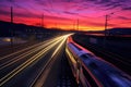 high-speed train with streaking lights during twilight hours