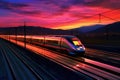 high-speed train with streaking lights during twilight hours