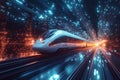 High speed train traveling through illuminated particles in a nighttime landscape Royalty Free Stock Photo