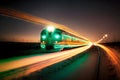 High-speed train traveling at night photo on shutter speed railway transport Royalty Free Stock Photo