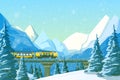 High-speed train traveling by rail, on a bridge, among mountains, snow-covered hills, winter forest pines and hills. Winter fir Royalty Free Stock Photo