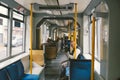 High-speed tram on the city street. Modern Tram In Dusseldorf, Germany October 20, 2018. Tram inside view, passenger compartment