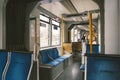 High-speed tram on the city street. Modern Tram In Dusseldorf, Germany October 20, 2018. Tram inside view, passenger compartment