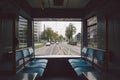 High-speed tram on the city street. Modern Tram In Dusseldorf, Germany October 20, 2018. Tram inside view, passenger compartment