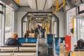 High-speed tram on the city street. Modern Tram In Dusseldorf, Germany October 20, 2018. Tram inside view, passenger compartment