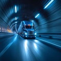 High speed transport semi truck dashes through tunnel, leaving motion blur Royalty Free Stock Photo