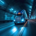 High speed transport semi truck dashes through tunnel, leaving motion blur