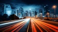 Big city skyline and traffic lights blurred motion, skyscrapers and highway light trails at rush hour. AI Generated Royalty Free Stock Photo