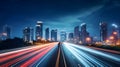 Big city skyline and traffic lights blurred motion, skyscrapers and highway light trails at rush hour. AI Generated Royalty Free Stock Photo