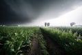 high-speed wind and hail storm rushes through field of crops