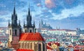 High spires towers of Tyn church in Prague city Royalty Free Stock Photo