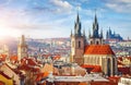 High spires towers of Tyn church in Prague city Royalty Free Stock Photo