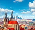 High spires towers of Tyn church in Prague city Royalty Free Stock Photo