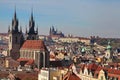 High spires towers of Tyn church in Prague city. Royalty Free Stock Photo