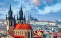 High spires towers of Tyn church in Prague city Royalty Free Stock Photo