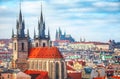 High spires towers of Tyn church in Prague city Royalty Free Stock Photo